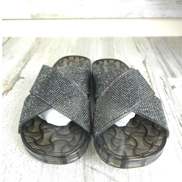 Lauren Lorraine Womens 10 Black Silver Jeweled Jelly Slides Slip On Sandals NEW - Picture 2 of 7